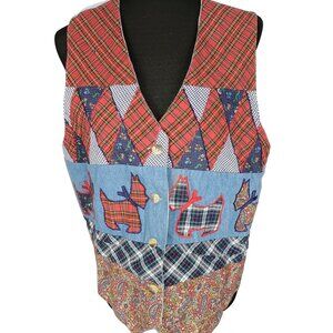1990s Casey & Max Patchwork Denim Schnauzer Plaid Coquette Dog Granny Vest‎ L